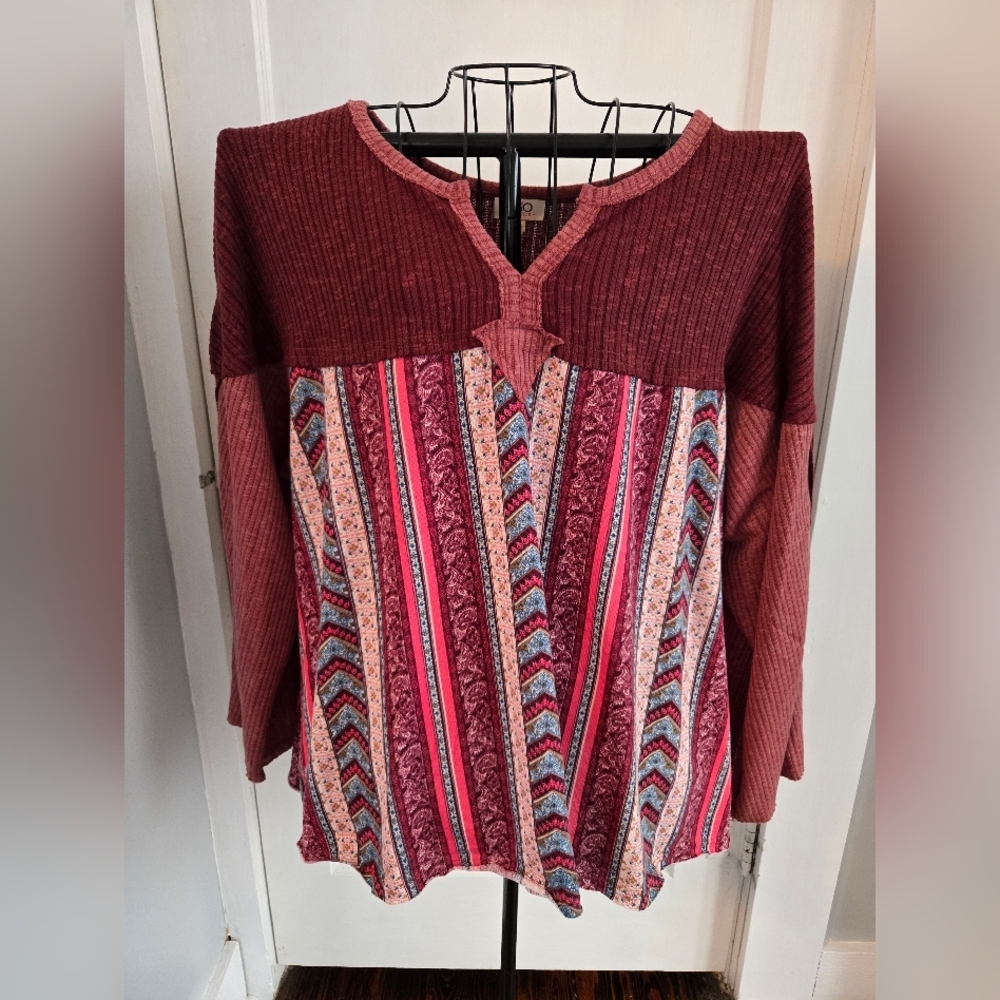 (3/$25) GIGIO Plus Boho Mixed Media Tunic | Burgundy Waffle Knit Floral 2XL